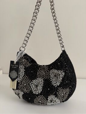Beaded Black & Silver Evening Shoulder Bag